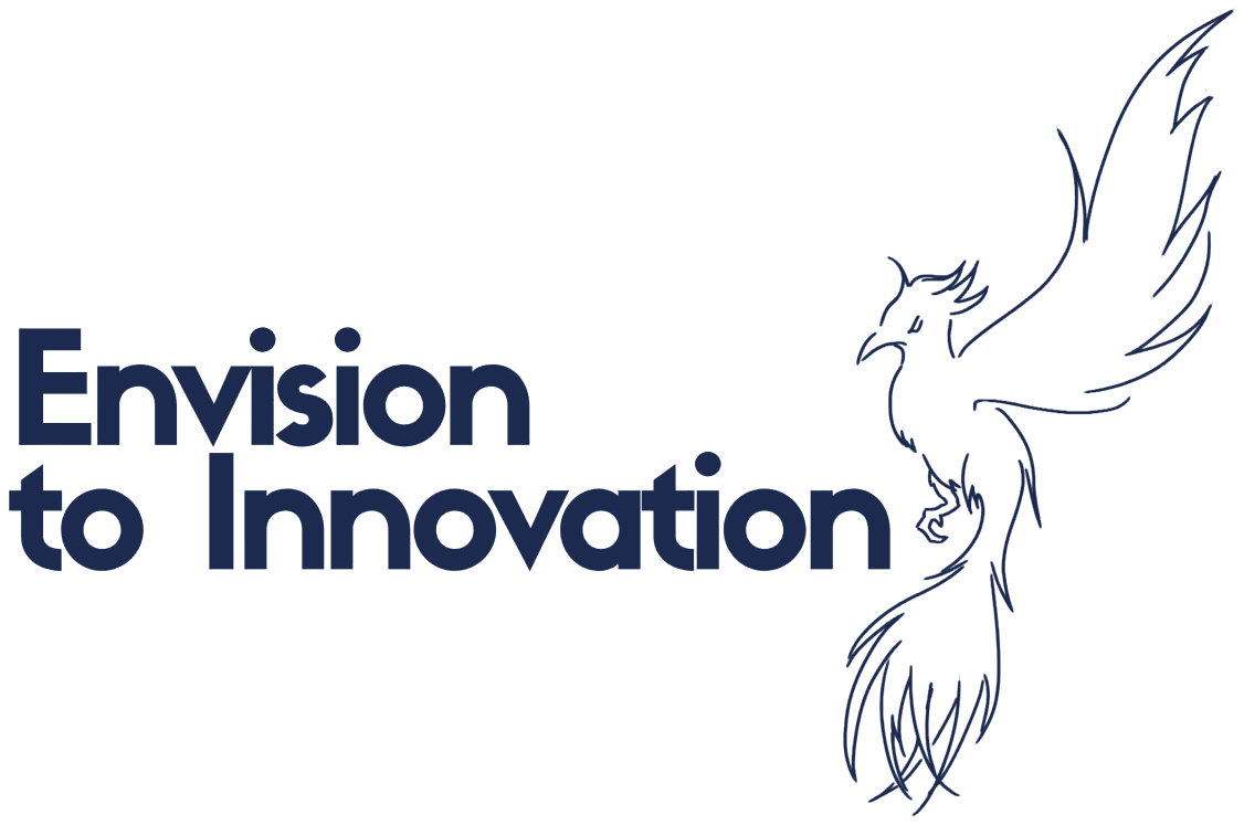 Envision to Innovation logo: the name beside a line drawing of a rising phoenix